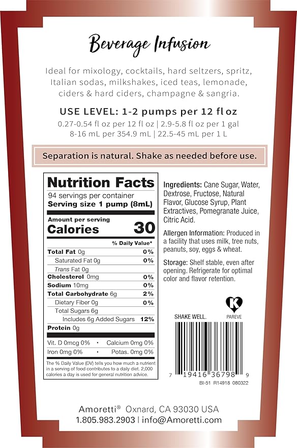 Amoretti - Pomegranate Grenadine Beverage Infusion, 94 Servings Per Bottle (750 ml) - Drink Mix & Water Enhancer with Pump for Flavoring Cocktails, Waters, Teas, and other Beverages, Preservative Free