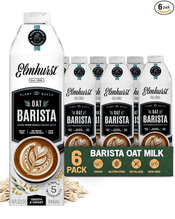Elmhurst 1925 Oat Milk Barista Edition – 32oz (6-Pack) Plant-Based, Vegan, Dairy-Free, Kosher, Gluten-Free, Non-GMO, Froths for Lattes & Iced Coffee, 20g Whole Grains per Serving, Simple Ingredients