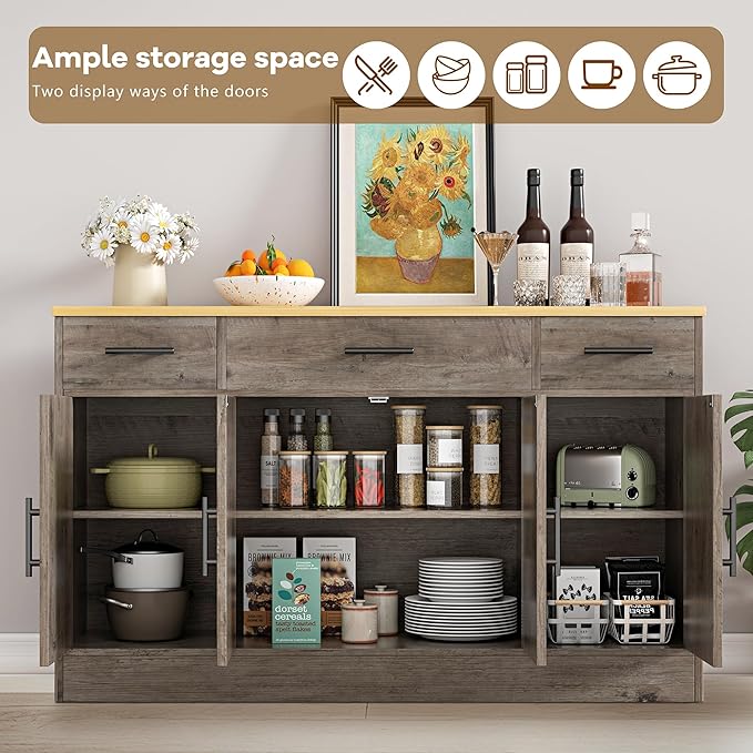 Vongrasig 53" Large Sideboard Buffet Cabinet With 4 Doors and 3 Drawers, Farmhouse Coffee Bar Kitchen Storage Cabinet, Wood Table for Kitchen, Dining Room, Ash Grey