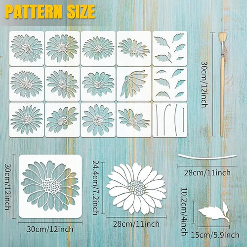 15PCS Large Flower Stencils for Wood Fence 12 x 12 Inch Sunflower Stencil with Brushes Reusable Floral Wall Stencil Sunflower Stencils for Painting on Walls Furniture Garden Fabrics