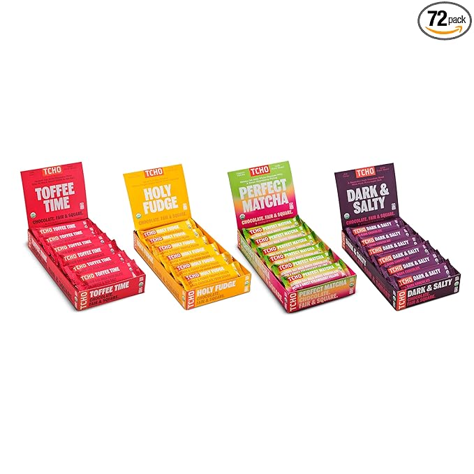 TCHO Singles Variety Pack - Plant Based, Organic Chocolate Singles - Vegan, Gluten-Free, Soy-Free - Handcrafted Pure Cacao Bars - Chocolate Bars - 18 Count - Holy Fudge, Toffee Time, Dark & Salty, Perfect Matcha (Pack of 4)