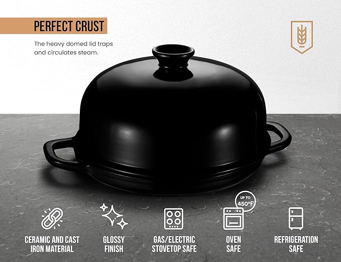 Kook Bread Oven, Sourdough Pan with Lid and Handles, Enameled Cast Iron Pan and Ceramic Lid, For Baking, Cooking, Roasting, Black