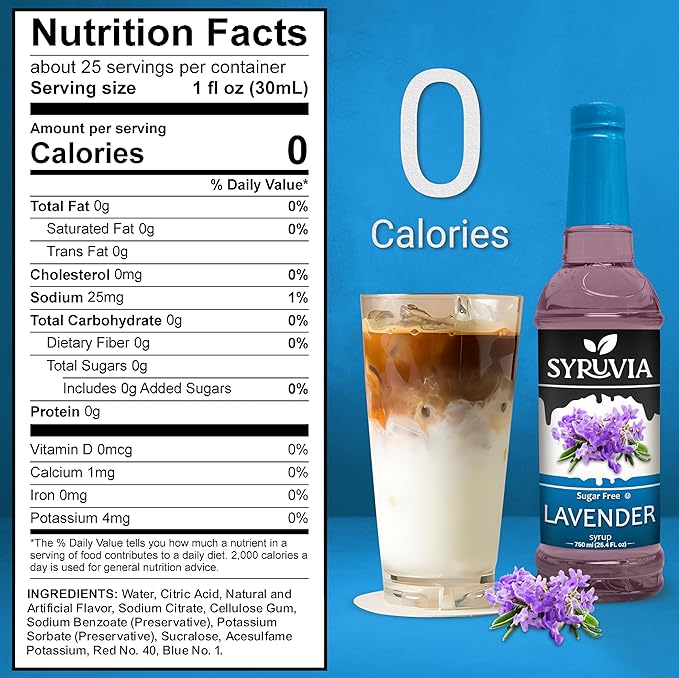 Syruvia Sugar Free Coffee Syrup, Lavender Flavored Syrup for Drinks, Lattes, and Desserts – 25.4 fl oz
