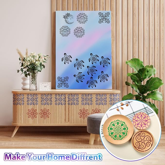 20 Pcs 4x4'' Mandala Stencils for Painting on Wood, Floor, Wall, Tile Fabric, Reusable Furniture Stencils Painting Template Mandala Template for DIY Rock Art Projects Decoration