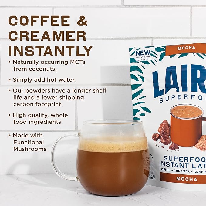 Laird Superfood Mocha Instant Latte with Adaptogens – Mocha Latte packed with Antioxidants and Superfood Coconut Creamer – Boost of Functional Fuel – Gluten Free, Non-GMO, Vegan, 8 oz. Bag, Pack of 1