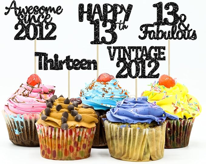 Gyufise 30Pcs Vintage 2012 Cupcake Toppers Glitter Thirteen Happy 13th Cupcake Picks Happy 13th Birthday Cake Decorations for Happy 13th Birthday Anniversary Party Supplies Black