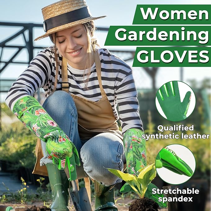 HANDLANDY Women Gardening Gloves, Scratch Resistant Breathable Ladies Rose Pruning Long Gauntlet Floral Print Garden Yard Gloves, Gift for Gardeners (Green, L)