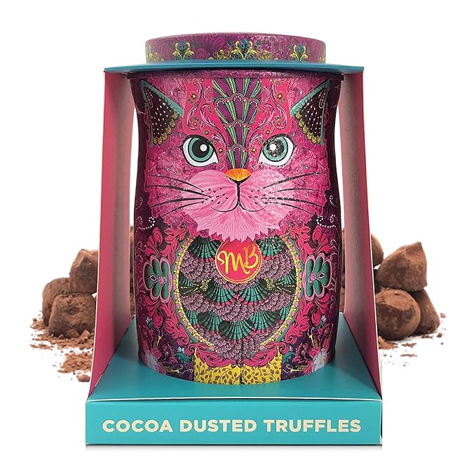 Monty Bojangles Persian Pink Cocoa Dusted Truffles Cat Tin (4.37 oz) - Choccy Scoffy Flavoured Luxury Chocolatey Truffles - Collectable Cat Tin Chocolate Gift With Bespoke Design