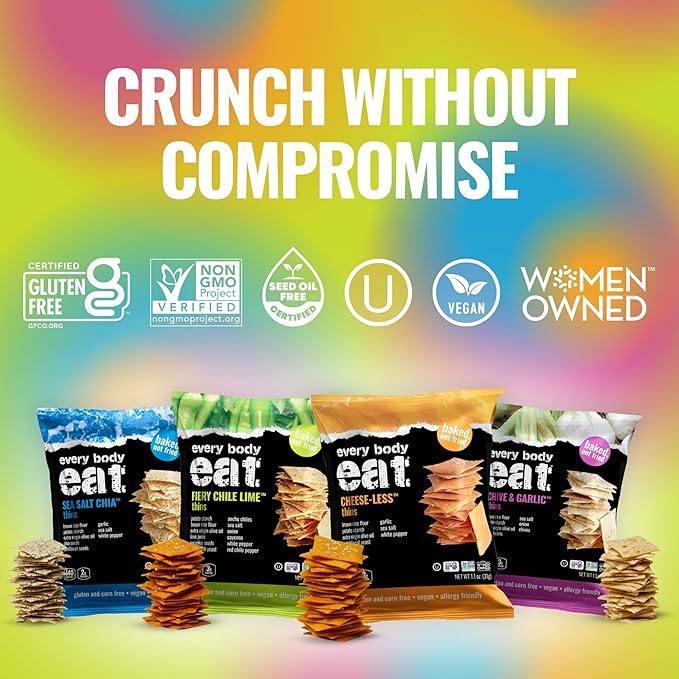 Every Body Eat Snack Thins, Gluten & Dairy Free, Vegan, School Safe Lunch Snacks, Variety Pack (20 Single Serve Bags, 1.1oz)
