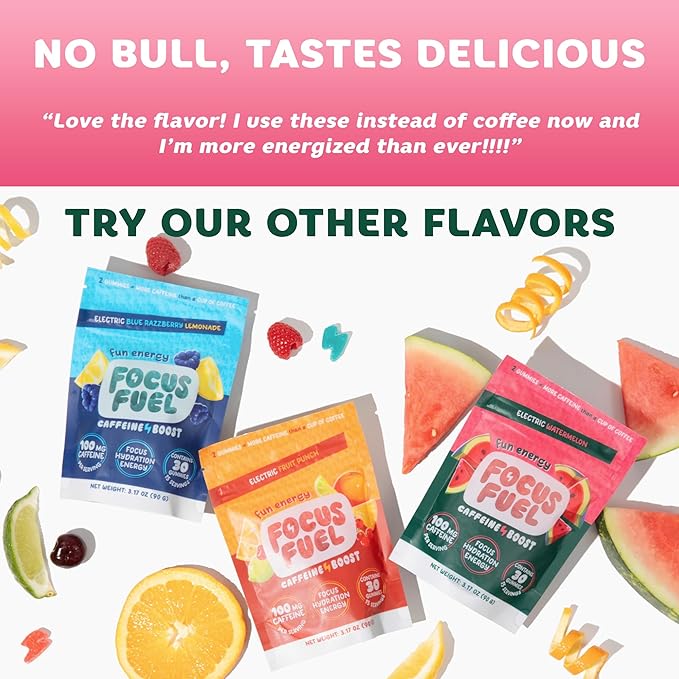 FocusFuel Energy Chews – Watermelon Flavor (15 Servings) – 100mg Caffeine + L-Theanine + B12, Magnesium – All-Natural Energy Boost – No Crash or Jitters