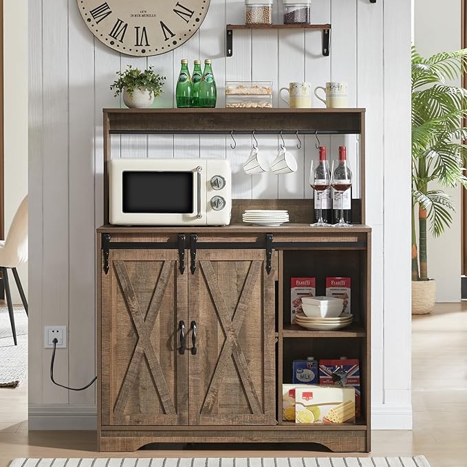 Wnutrees Farmhouse Coffee Bar Cabinet with Charging Station and USB Ports, Sliding Barn Door, 39" Kitchen Hutch Sideboard Buffet Storage Cabinet, Fits Kitchen Dining Living Room, Rustic Brown