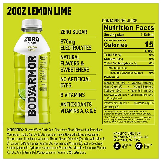 BODYARMOR ZERO Sugar Lemon Lime, Sugar Free Sports Drink - Low-Calorie Hydration - Natural Flavors with Potassium Packed Electrolytes, Antioxidants, and B-vitamins, 20 fl oz (pack of 6)