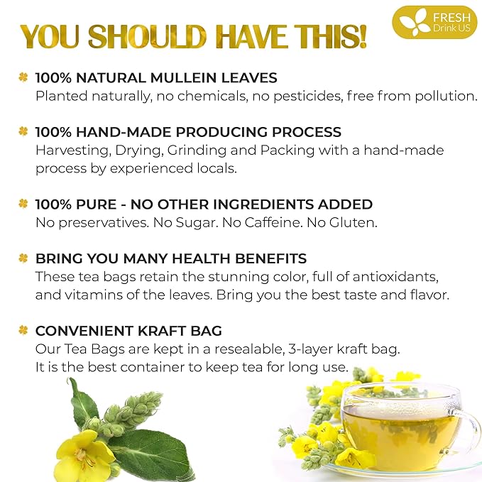 FreshDrinkUS, Premium 80 Mullein Leaf Tea Bags – 100% Natural, Pure, & Caffeine-Free Herbal Tea for Lung – Loose Leaf, No Sugar, Vegan, Gluten-Free, Made with Natural Material Tea Bags