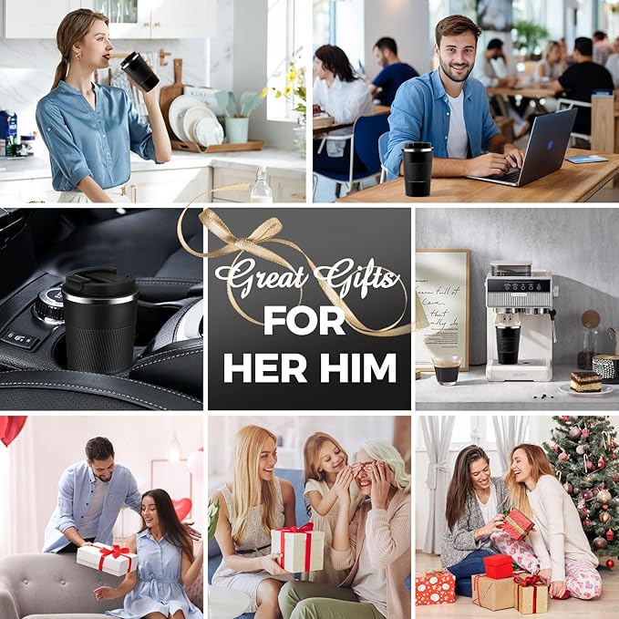 Volhoply 13 oz Stainless Steel Insulated Travel Coffee Mug with Fip Lid,Reusable Double Wall Vacuum Metal Coffee Cup,Portable to Go Leak Proof Cafe Thermal Tumbler for Hot & Cold Drinks(Black,1)