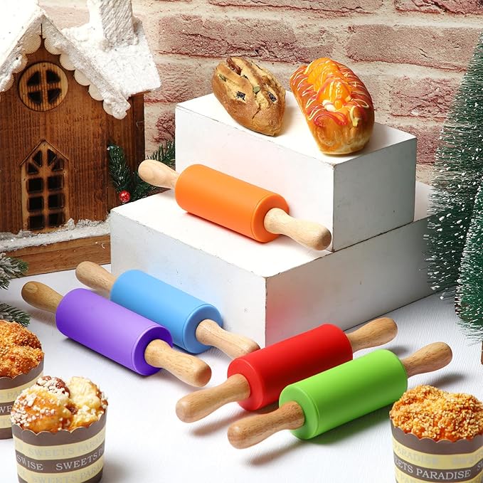 10 Pcs Small Rolling Pin Kids 9 Inch Mini Rolling Pin Silicone Wooden Cooking Pins Baking 5 Colors Non Stick Kids with Wooden Handle for Kitchen Dough Cookie Pastry Fondant Cake