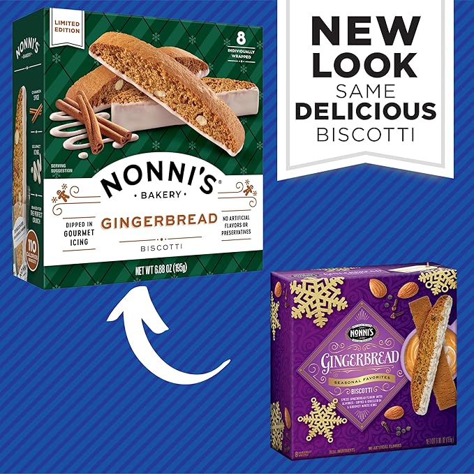 Nonni's Gingerbread Biscotti Holiday Cookies - Gingerbread Cookies - Gingerbread Christmas Cookies w/Almonds & White Icing - Biscotti Individually Wrapped Cookies - Italian Cookies - 6.88 oz