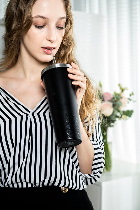 bzyoo SUP Double Wall Vacuum Insulated Tumbler with Straw and Lid Stainless Steel Water Bottle Cold Drink Travel Mug Cup Valentines Gifts For Him & Her (710ml) Color: Mandala Black