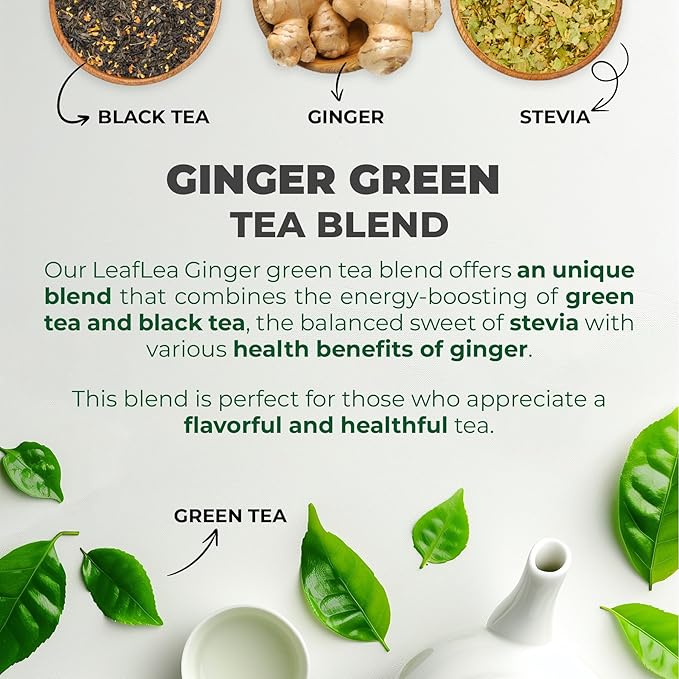 LeafLea Green Tea with Ginger, 80 Tea Bags (2 Packs), Natural Green Tea with Ginger Root, Lightly Sweetened with Stevia, Supports Digestion and Immunity, Low Caffeine, Non-GMO, Gluten-Free
