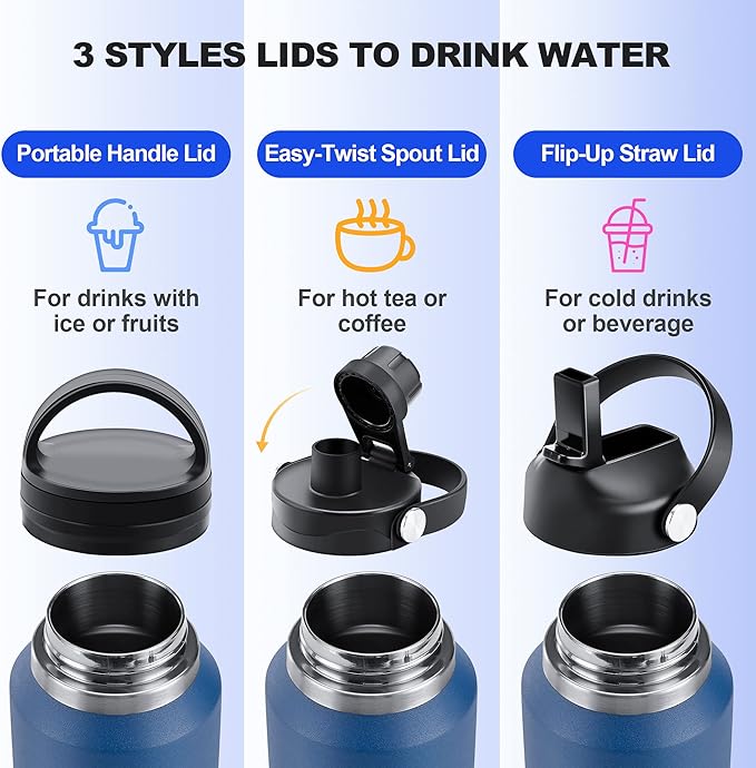 HYDROWION 32oz Water Bottle, Double Wall Vacuum Stainless Steel Insulated Water Flask with Straw Lid, Spout Lid and Flex Cap(Cold for 48 Hrs, Hot for 24 Hrs), Leakproof Travel Thermo Mug, Blue&Black