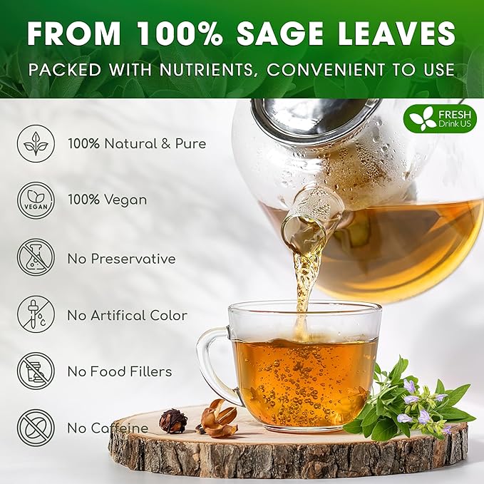 FreshDrinkUS, Premium 55 Sage Leaf Tea Bags, 100% Natural & Pure from Sage Leaves. Loose Leaf Herbal Tea. Made with Natural Material Tea Bags. No Sugar, No Caffeine, No Gluten, Vegan.