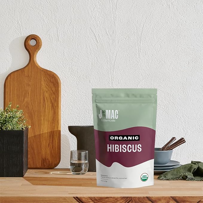 J Mac Botanicals, Organic Hibiscus Flower (4 ounce), Hibiscus tea, cut & sifted flowers, dried from Egypt, herbal tea leaves, Flor de Jamaica, edible