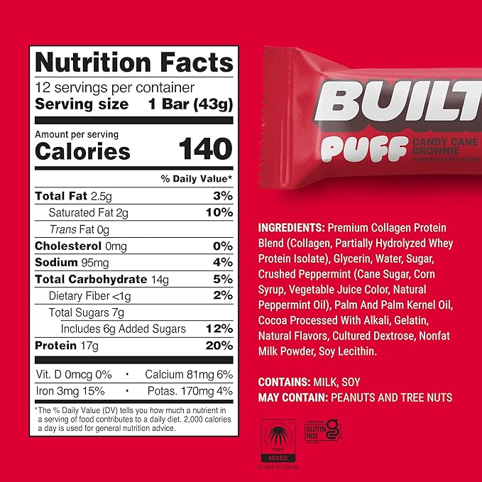 Built Bar, Puff Protein Bars, Candy Cane Brownie, 17g Protein Snacks, On-The-Go Bars, Only 140 Calories, 7g Sugar, Collagen, Gluten Free, 12 Count