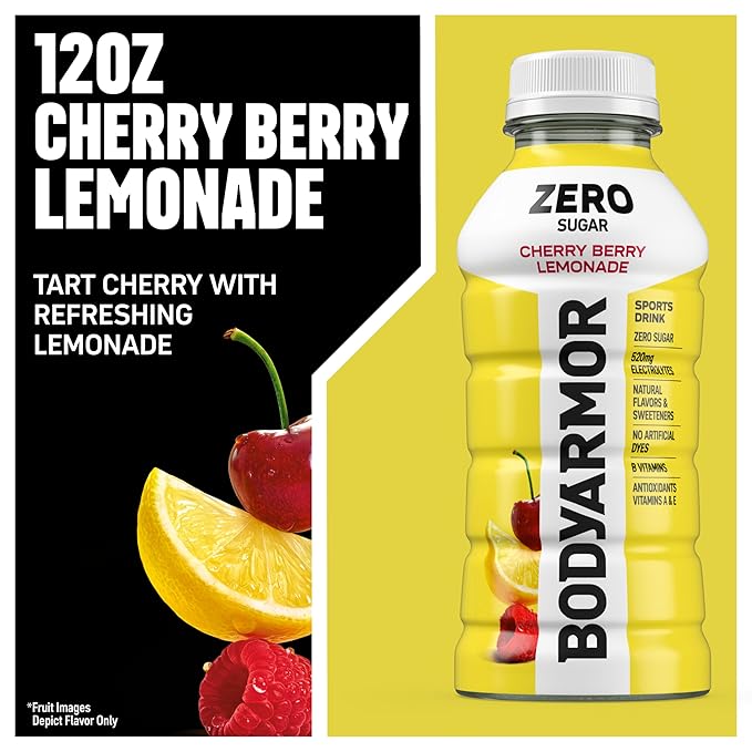 BODYARMOR ZERO Sugar Cherry Berry Lemonade, Sugar Free Sports Drink - Low-Calorie Hydration - Natural Flavors with Potassium Packed Electrolytes, Antioxidants, and B-vitamins,12 fl oz (pack of 8)