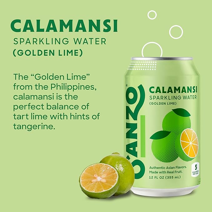 Sanzo Flavored Sparkling Water - Golden Lime Seltzer (Calamansi) - Low Calorie Low Sugar Soda - Craft Asian Drinks - Vegan Gluten Free Carbonated Flavored Water - Fizzy Healthy Drinks - 12oz, 12 Pack