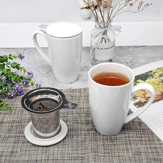 amhomel Porcelain Tea Mug with Infuser and Lid, 16 Ounce Ceramic Tea Cup for Loose Leaf, Coffee, Cocoa and Milk, Tea Gift for Tea Lovers, Set of 2(White)