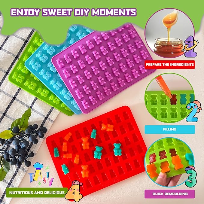 Two Different Sizes Gummy Bear Candy Molds, Set of 4 Non-Stick Silicone Candy Chocolate Gummy Molds with 2 Droppers