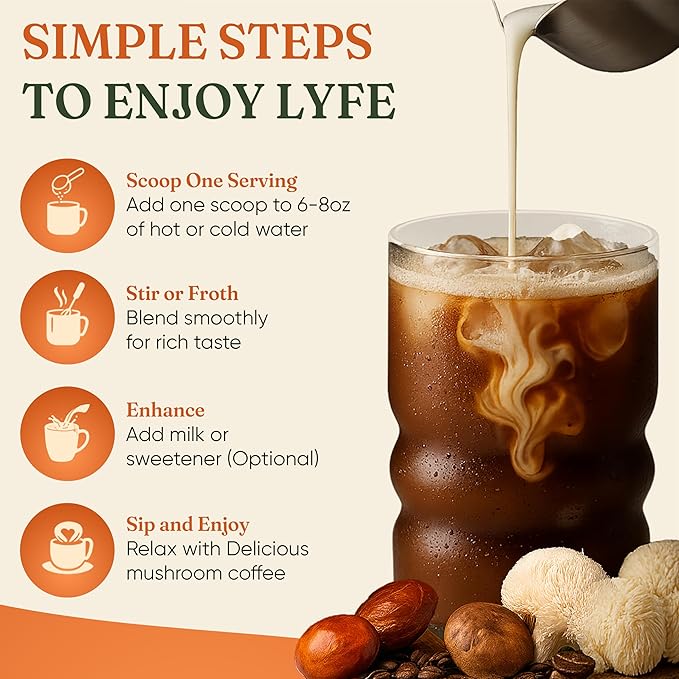 LYFE Organic Instant Decaf Mushroom Coffee – Lion’s Mane, Chaga, Cordyceps, Turkey Tail | USA Grown Adaptogenic Mushrooms for Better Energy, Focus, Gut Health, Immunity – 40 Servings