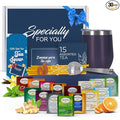 Tea Gifts for Women – Sampler Gift Basket with 15 Unique Blends, Honey Sticks, Stainless Tumbler & Gift-Ready Box (Blue/Blue box)