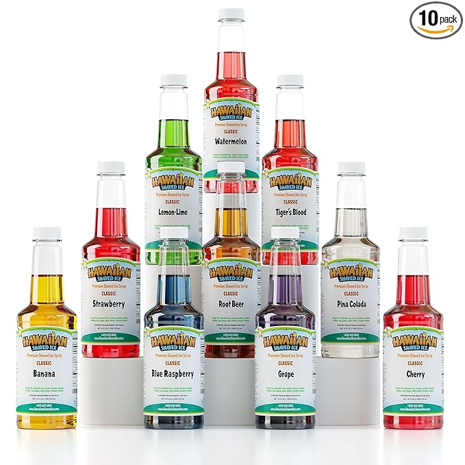 Hawaiian Shaved Ice Syrup Variety Pack - 10 Premium Snow Cone Flavors - Long-Lasting Shaved Ice Flavorings for Home & Business Use - 16oz Bottles