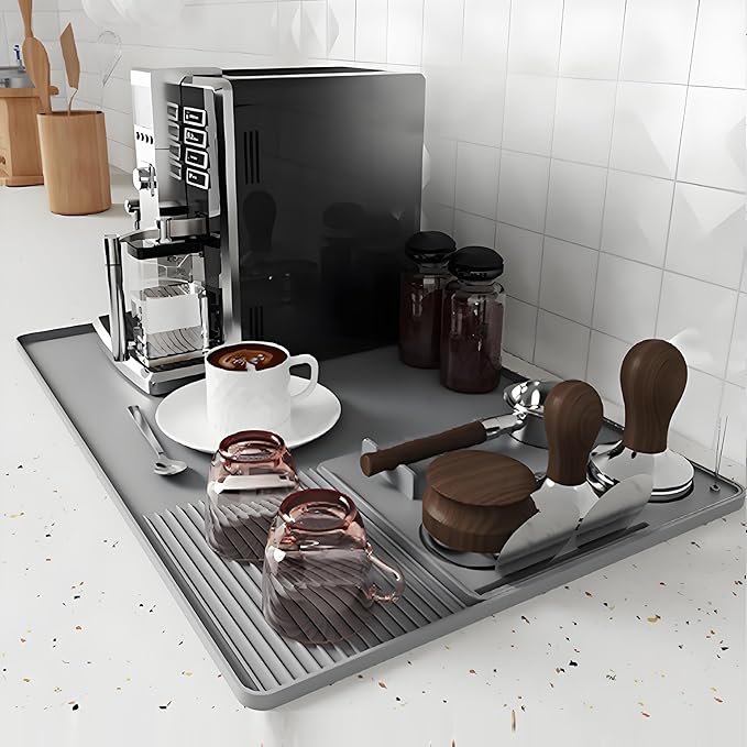 Silicone Coffee Mat With Espresso Tamping Mat,Leak-Proof and Non-Slip,Suitable for Kitchen Station Pad Accessories Fits Under Coffee Maker & Dish Rack to Keep the Countertop Clean-Gray