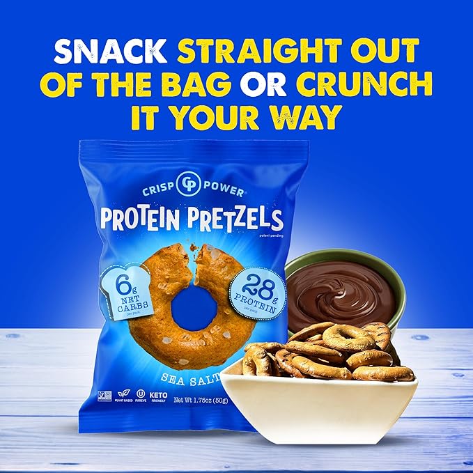 Crisp Power Protein Pretzels, Sea Salt, High Protein Vegan Keto Snack, 28 G Plant Based Protein, Low Carb Crunchy Pretzel Snacks, No Added Sugar, No Seed Oils, 1.75 oz Bags, 6 Pack