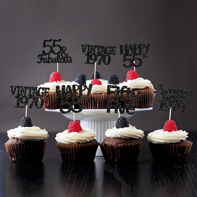 Gyufise 30 Pack Black Glitter Vintage 1970 Cupcake Toppers Glitter 55 Fabulous Happy 55 Cheers to 55 Years Birthday Cupcake Picks 55th Birthday Anniversary Cake Decorations Supplies