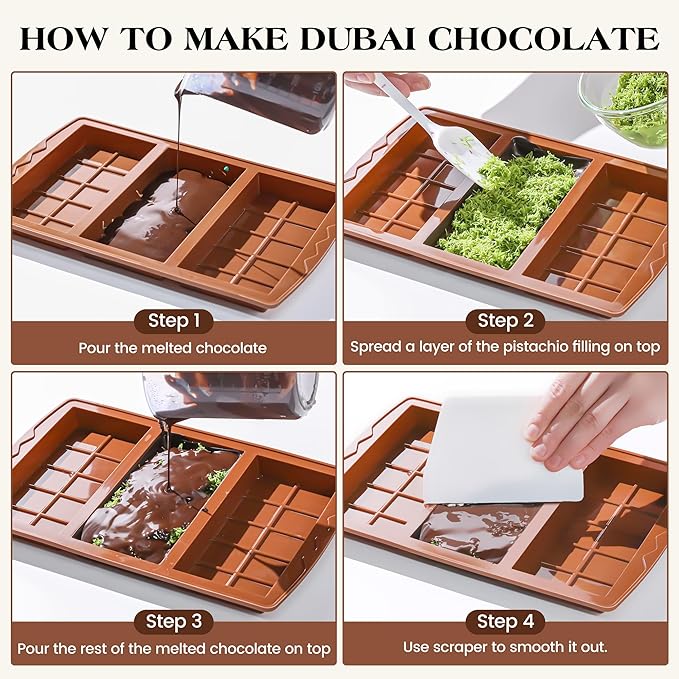 2 Pcs Chocolate Bar Mold Deep Dubai 0.85 Inch Stuffed Chocolate Molds Silicone Large Break Apart Silicone Molds (10 Snap + Pyramid）