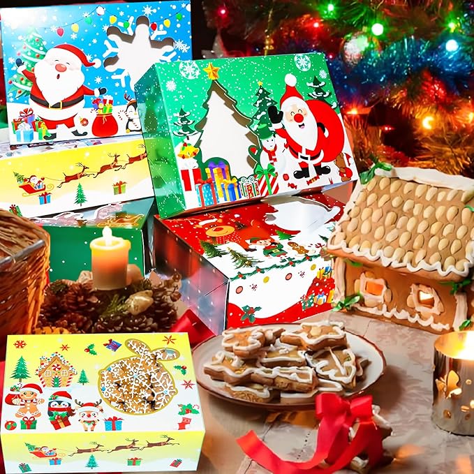 24 PCS Christmas Cookie Boxes for Gift Giving-Christmas Food Containers Cookie Tins, Christmas Tins Treat Boxes with Windows, Holiday Bakery Box for Pastries