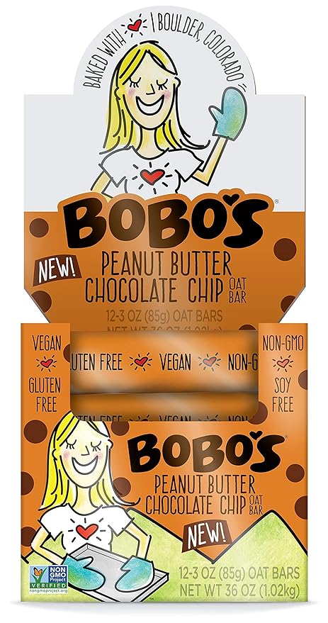 Bobo's Oatmeal Bars, Peanut Butter Chocolate Chip, Gluten Free Vegan Whole Grain Oat Bars, Pack of 12