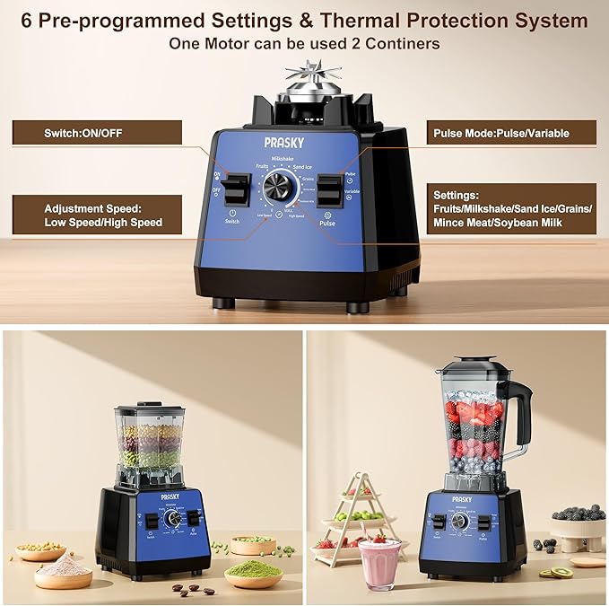 Blenders for Kitchen, Commercial Blender,2400W PRASY Food Processor with 101oz Juice & Grinder Jar, BPA-Free, 25000 RPM Blenders for Smoothies, Ice Crushing, Frozen Fruit (Blue, 2L)
