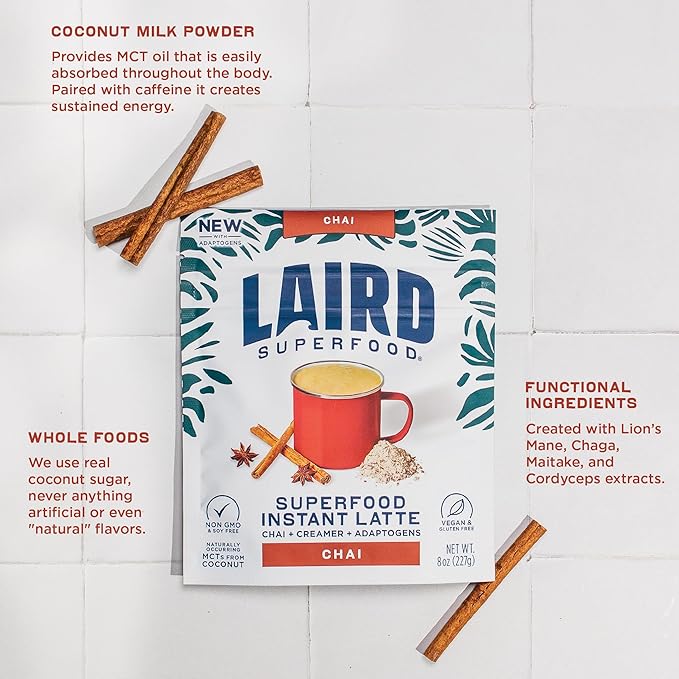 Laird Superfood Chai Instant Latte with Adaptogens - Instant Chai Tea Powder with Superfood Coconut Creamer - Gluten Free, Non-GMO, Vegan, 8 oz. Bag, Pack of 2