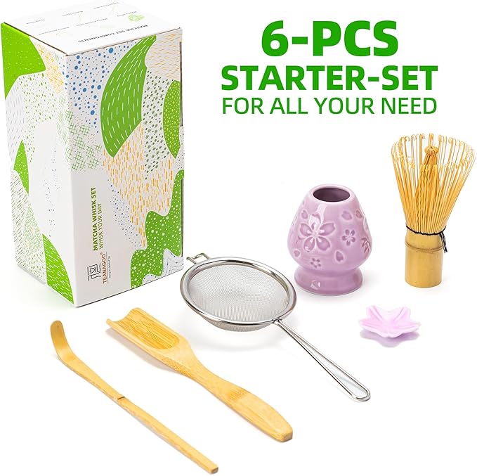 TEANAGOO Matcha Whisk Set,6-PCS Traditional Starter Set,100 Prongs Whisk with Purple Cherry Blossom Holder,Scoop(Chashaku),Tea Spoon,Bamboo Chasen,Ceremony Accessory,Gift for Friend/Family