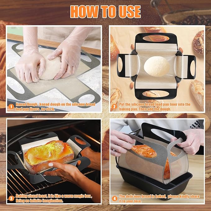 Reusable Silicone Bread Loaf Pan Liner, Food-Grade Silicone Bread Sling, Sourdough Bread Mat, Loaf Pan Lifters, Non-Stick&Easy Clean Dough Transfer Tool, Fits 9x5 or 1.5lb Loaf Pans, Black & Orange