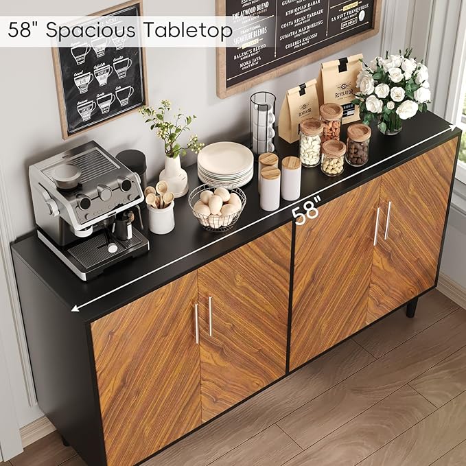 4 EVER WINNER Buffet Cabinet with Storage, 58" Sideboard Cabinet with Adjustable Shelves, Modern Coffee Bar with 4 Doors for Living Room Entryway, Walnut and Black
