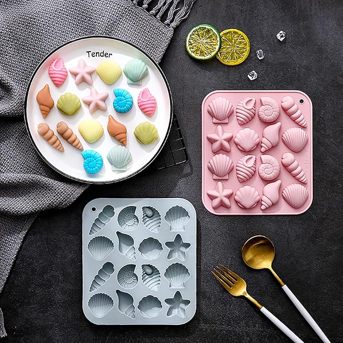 Ocean-Themed Chocolate Mold Set - Food-Grade Silicone Baking Molds with Shell, Starfish, Seashell Beach Life Phrases, Reusable for Under the Sea Cakes, Cupcakes & Party Treats - 2 Pack