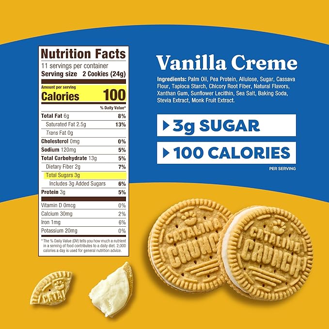 Catalina Crunch Protein Cookies, 4g Protein per Serving - Low-Sugar Sandwich Cookies - Gluten Free, Vegan - Keto Dessert Snacks - Vanilla Creme, 8.9 oz. (21 Count)