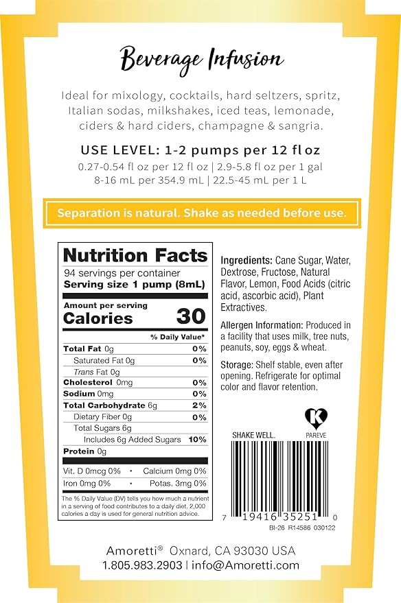 Amoretti - Lemon Beverage Infusion, 94 Servings Per Bottle (750 ml) - Drink Mix & Water Enhancer with Pump for Flavoring Cocktails, Waters, Teas, and other Beverages, Preservative Free