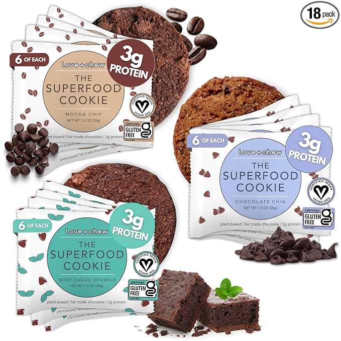Love + Chew Superfood Soft Baked MINI Cookies, Chocolate Lover Variety, Plant Based Cookie Made With Almonds and Dark Chocolate for Kids and Adults, Vegan Snacks, Gluten Free, Paleo, Non GMO, 18 Pack
