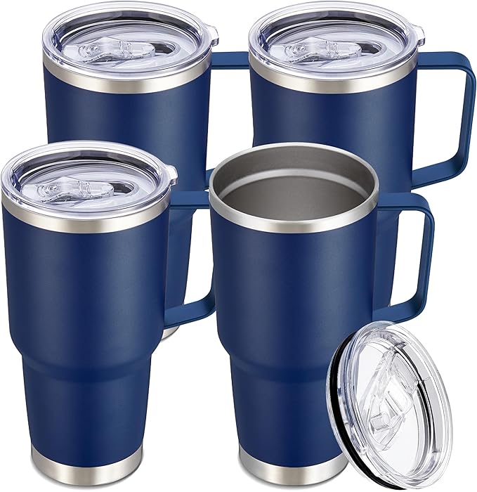 30 oz Tumbler with Handle and Lid, Stainless Steel Tumblers Bulk Double Wall Vacuum Insulated Travel Mug Leak Proof Cup Keep Drinks Cold and Hot Navy, 4 Pack