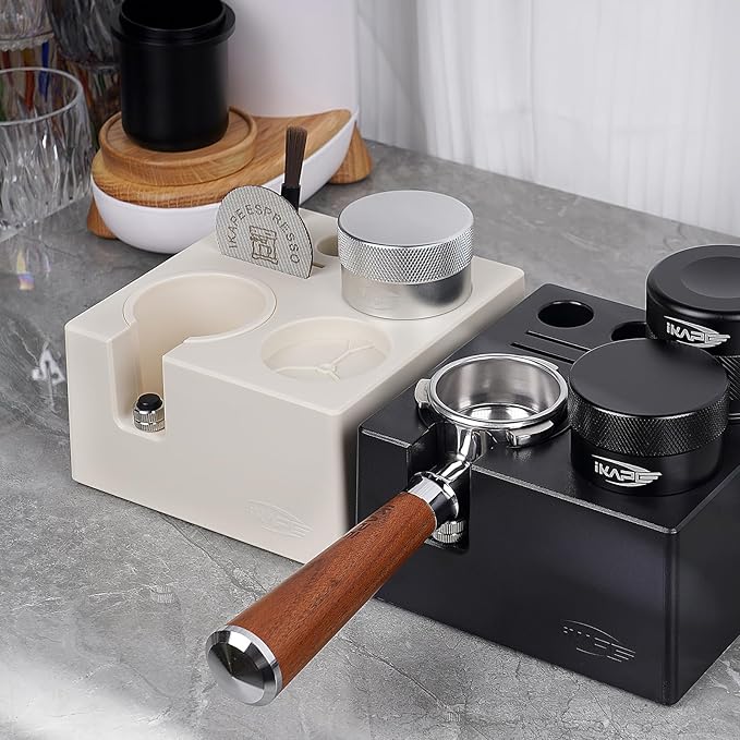 IKAPE ABS Espresso Knock Box, 7 in 1 Coffee Organizer Box Fit for Storage 51, 54, 58MM Espresso Tamper, Distributor, Portafilter & Puck Screen Accessories(Black)